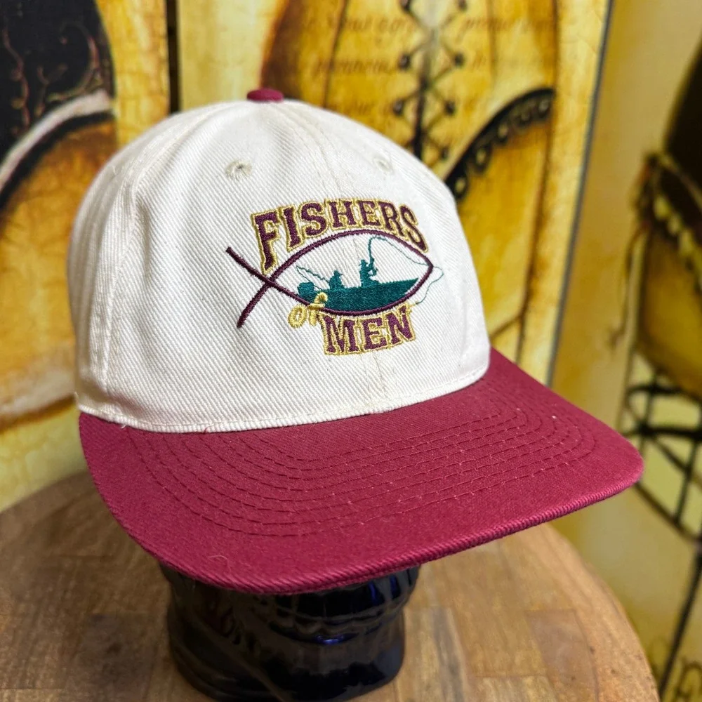Otto Fishers of Men Hat Mens OSFA Beige Red Excellent Vintage Snapback Cap